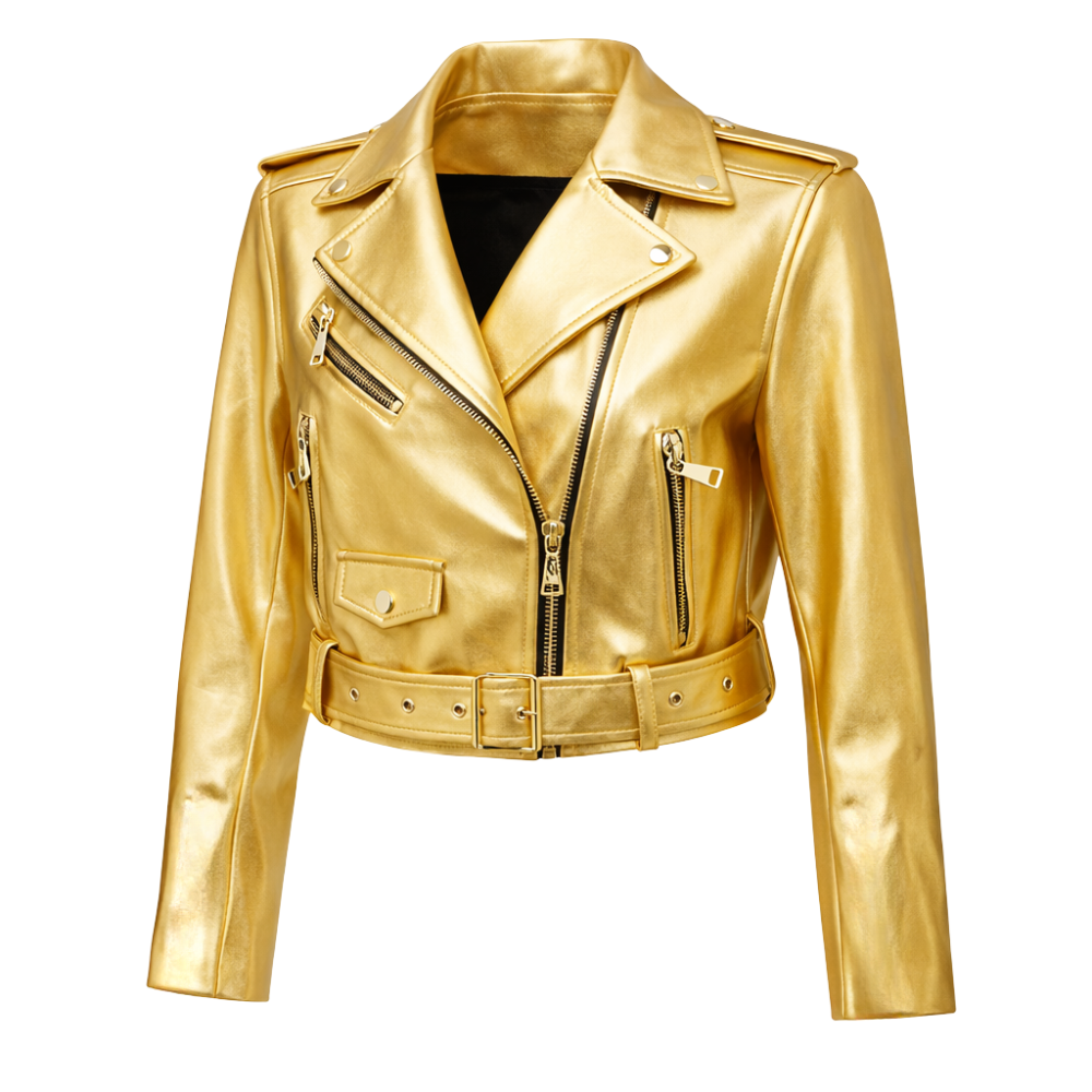 Gold metallic leather biker jacket with sleek moto style