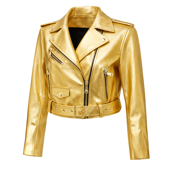 Gold metallic leather biker jacket with sleek moto style