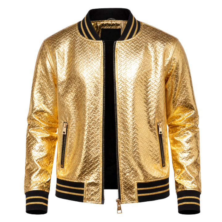 Metallic gold leather bomber jacket for women with glossy finish and ribbed cuffs