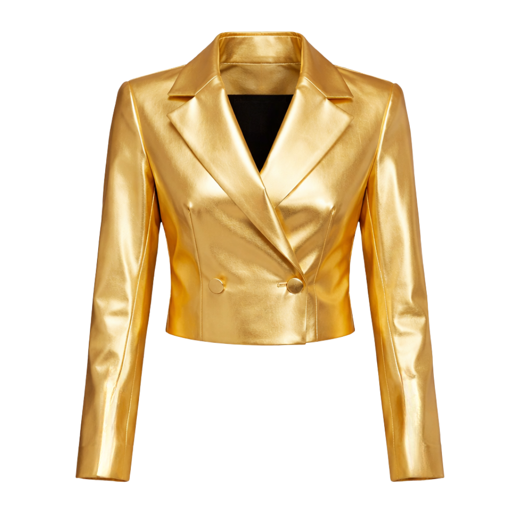 Gold metallic leather jacket for women with bold fashion style