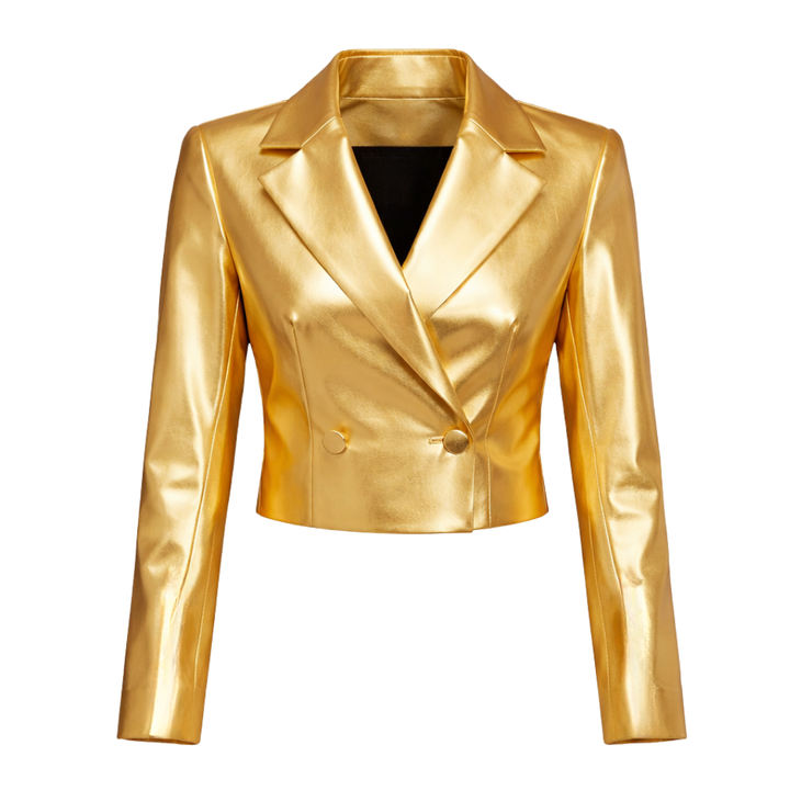 Gold metallic leather jacket for women with bold fashion style