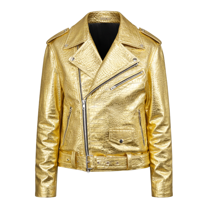 Women's gold metallic biker leather jacket with reflective coating