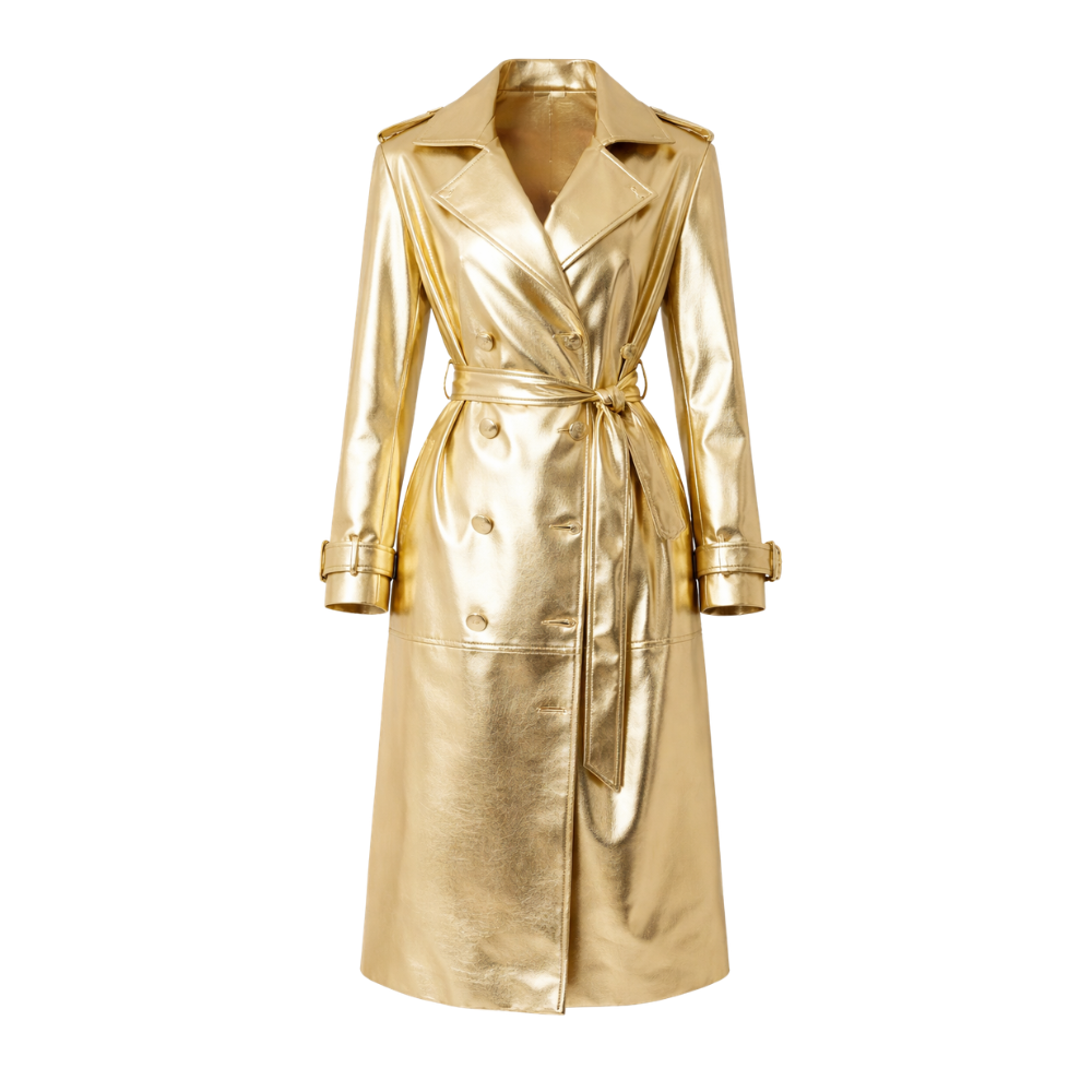 Gold metallic leather trench coat with shiny finish