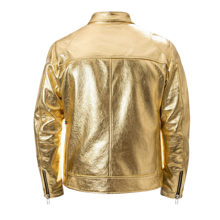 Men's trendy gold shimmer rave leather jacket with glossy finish and festival styling