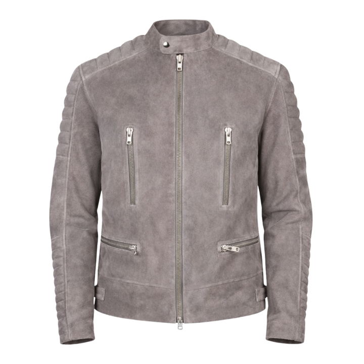 Gray suede biker jacket for men with motorcycle styling