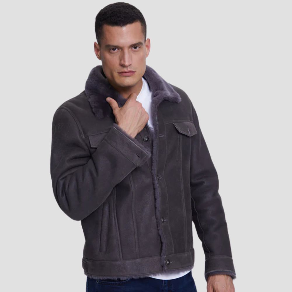 Classic gray suede trucker jacket with soft gray shearling lining.