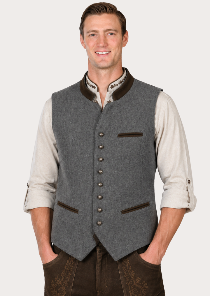 Gray wool Bavarian Trachten vest with traditional Alpine heritage styling