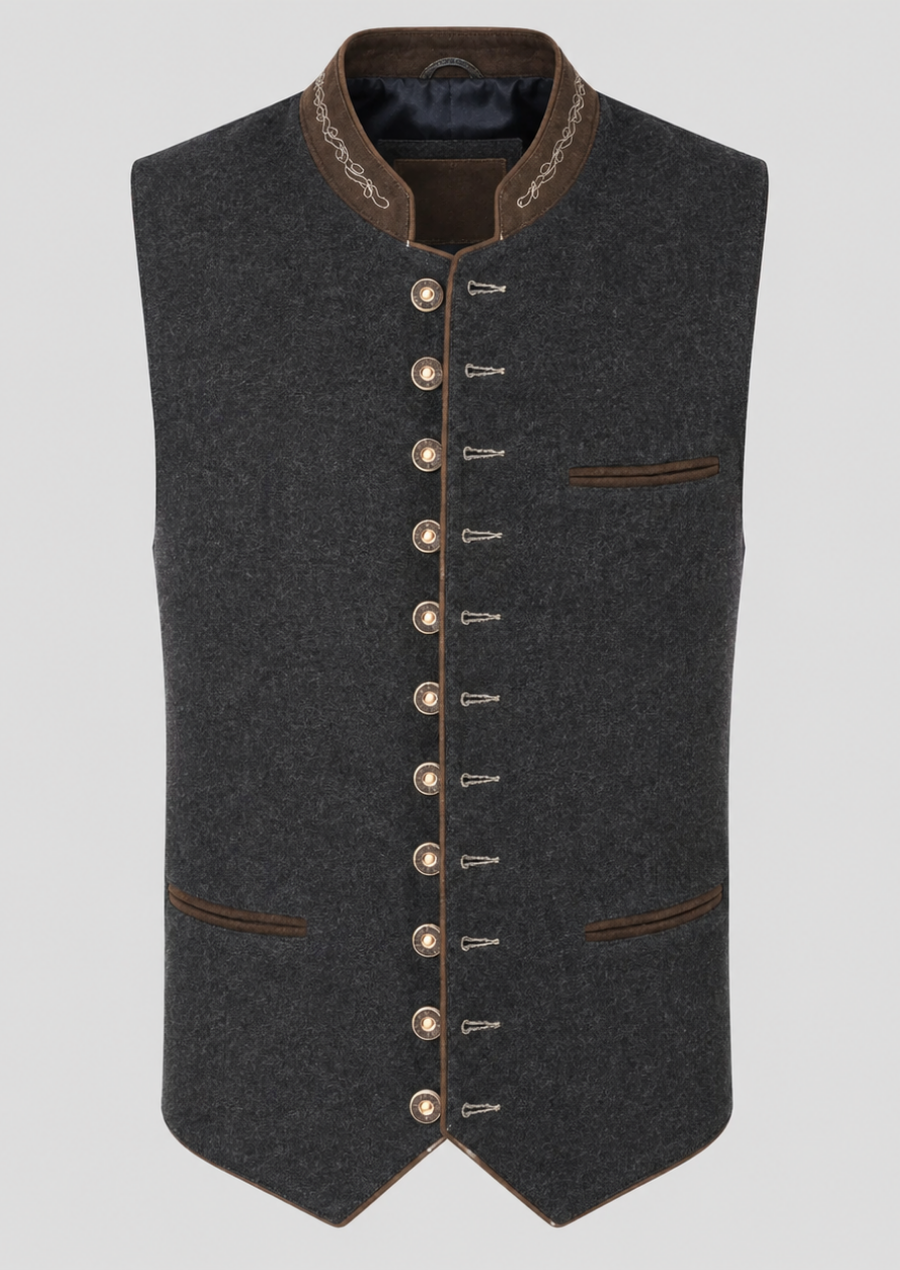 Men's gray wool Oktoberfest waistcoat featuring elegant traditional embroidery