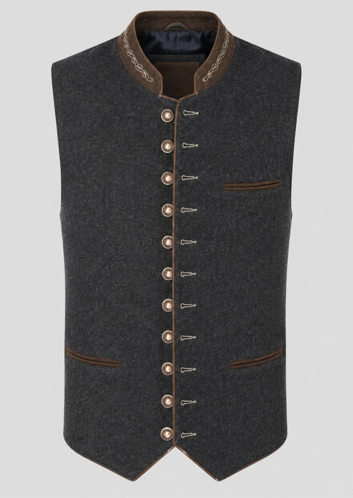 Men's gray wool Oktoberfest waistcoat featuring elegant traditional embroidery