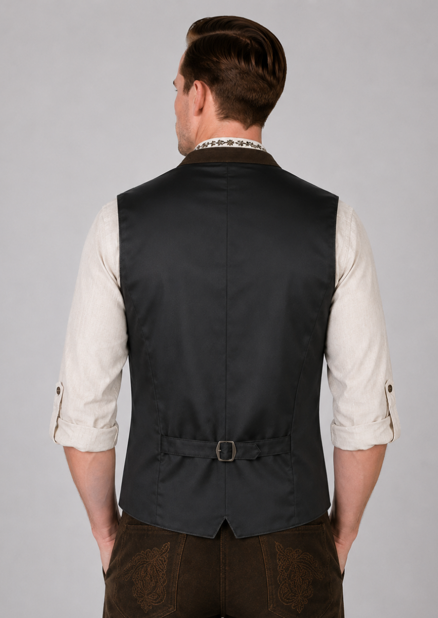 Gray wool Oktoberfest vest featuring classic Trachten design and craftsmanship