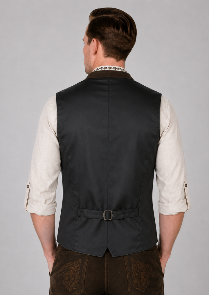 Gray wool Oktoberfest vest featuring classic Trachten design and craftsmanship