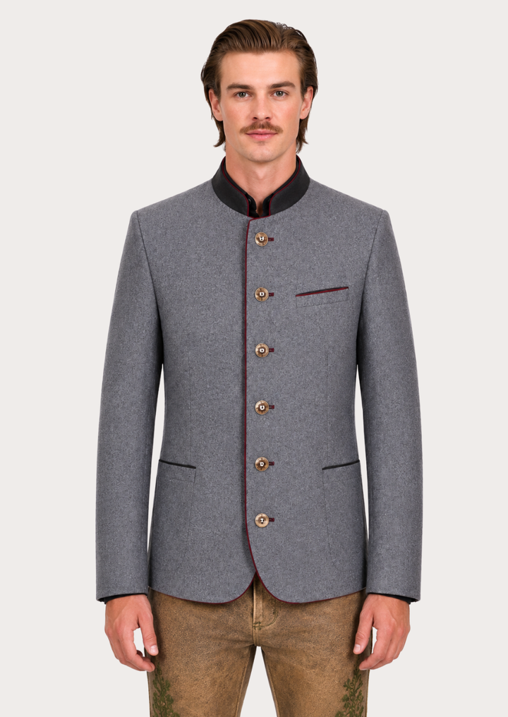 Graz Traditional Austrian Trachten Jacket for men in grey melange with black mandarin collar