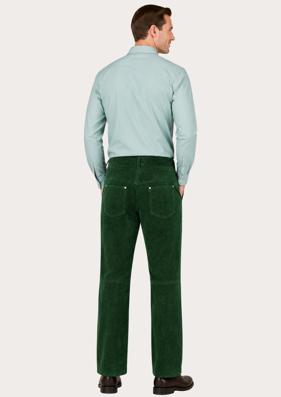Stylish green lambskin suede leather pants designed for streetwear and casual fashion