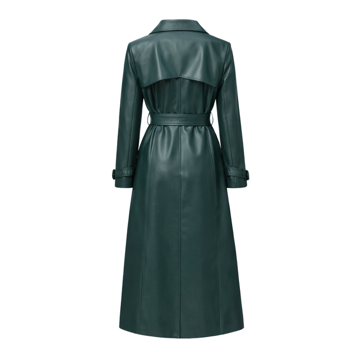 Emerald green leather trench coat for ladies with button closure and tailored fit