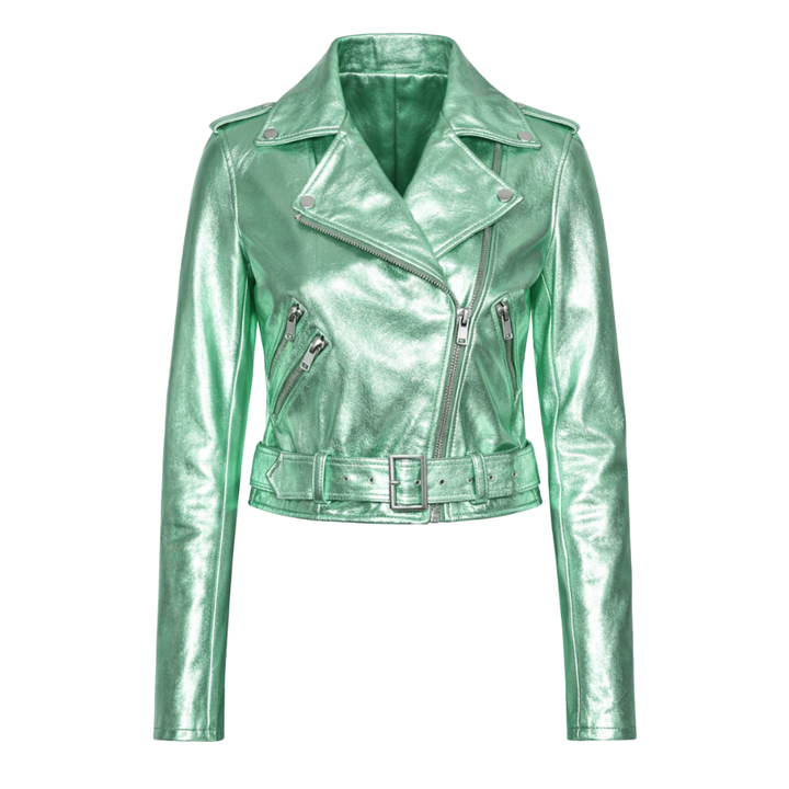 Green metallic leather biker jacket with modern moto style