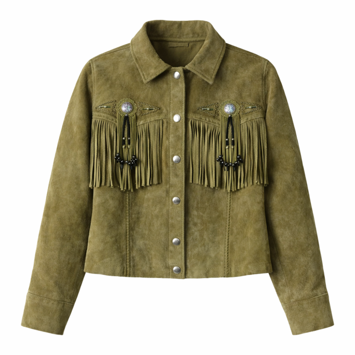 Green suede fringe jacket with tassel details