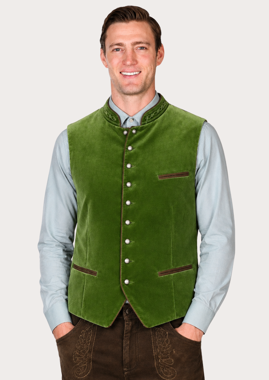 Green velvet Trachten Oktoberfest vest with traditional Bavarian styling