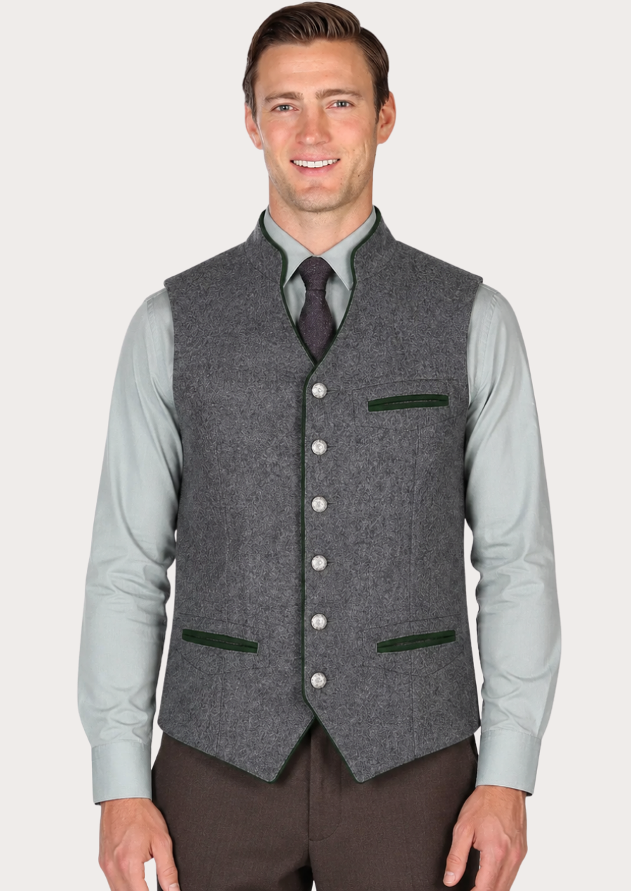 Grey Austrian Trachten vest with green accents and decorative silver-tone buttons