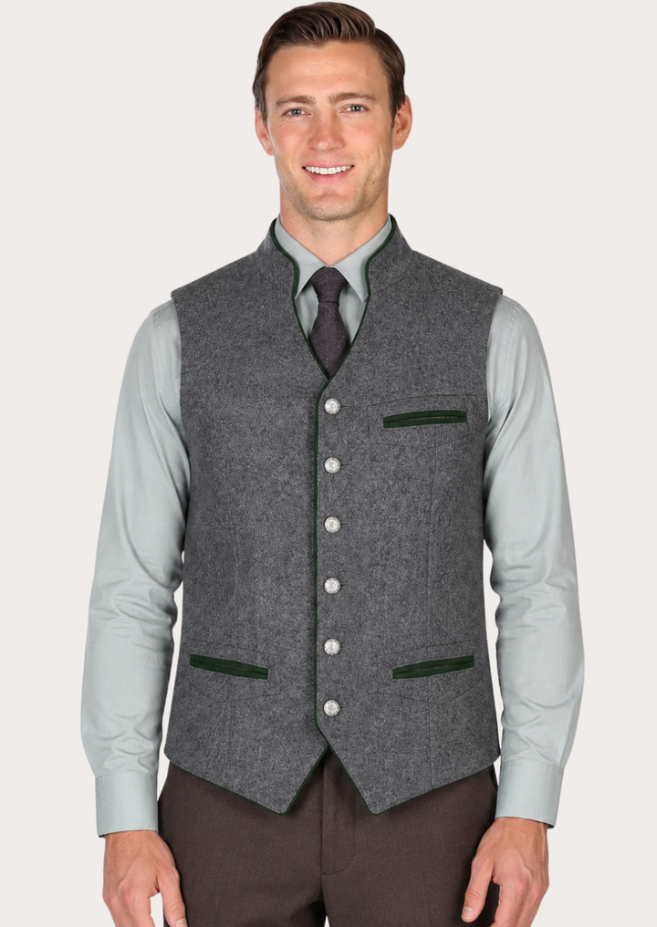 Grey Austrian Trachten vest with green accents and decorative silver-tone buttons