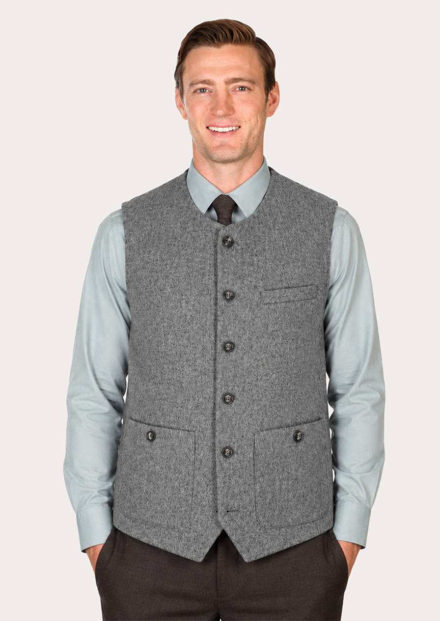 Premium grey Loden vest featuring soft Merino wool and timeless heritage design