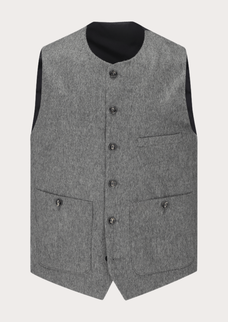Grey Merino wool Loden vest for weddings and Oktoberfest with traditional Alpine styling