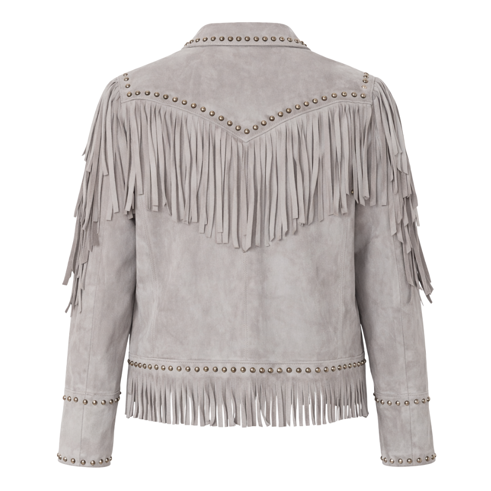 Grey suede bohemian fringe jacket with decorative tassels