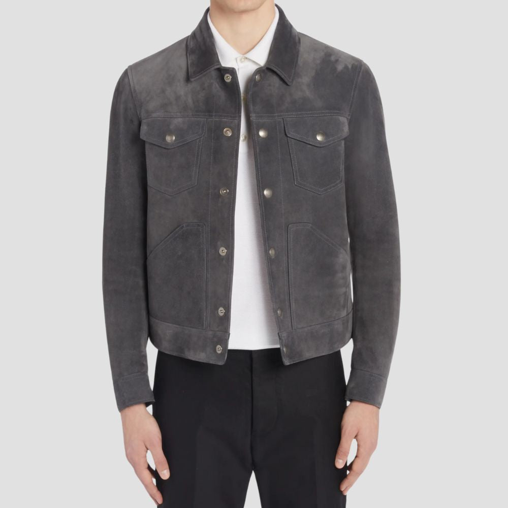 Elevate your casual look with this vintage gray suede leather jacket, designed for a stylish and timeless appeal.