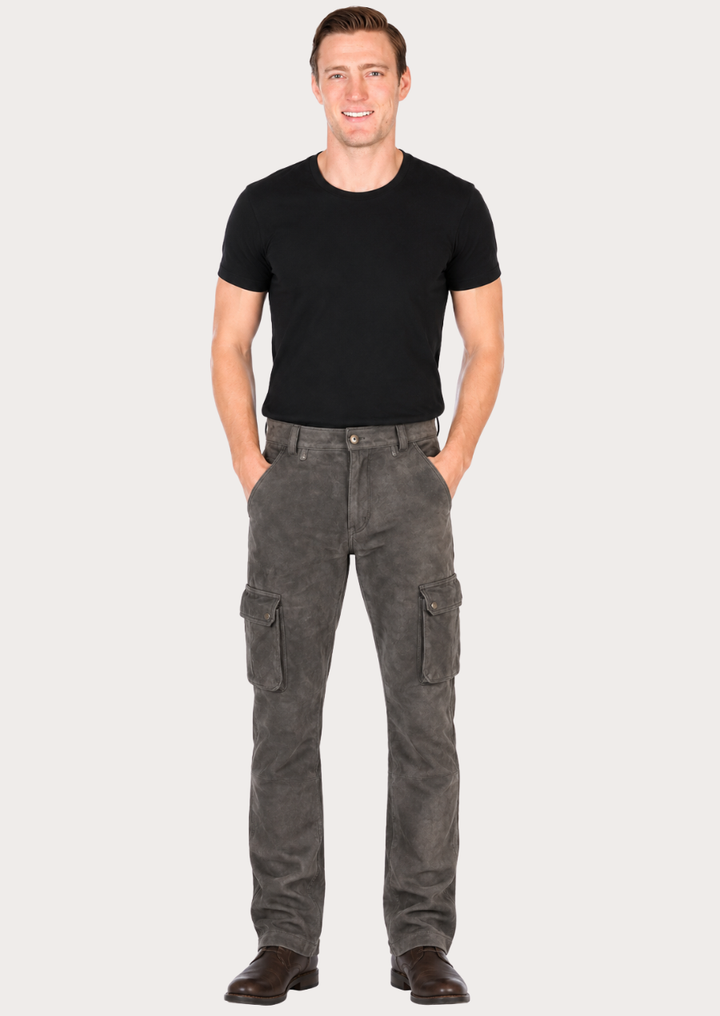 Premium grey suede leather cargo pants with multiple pockets and utility-inspired styling