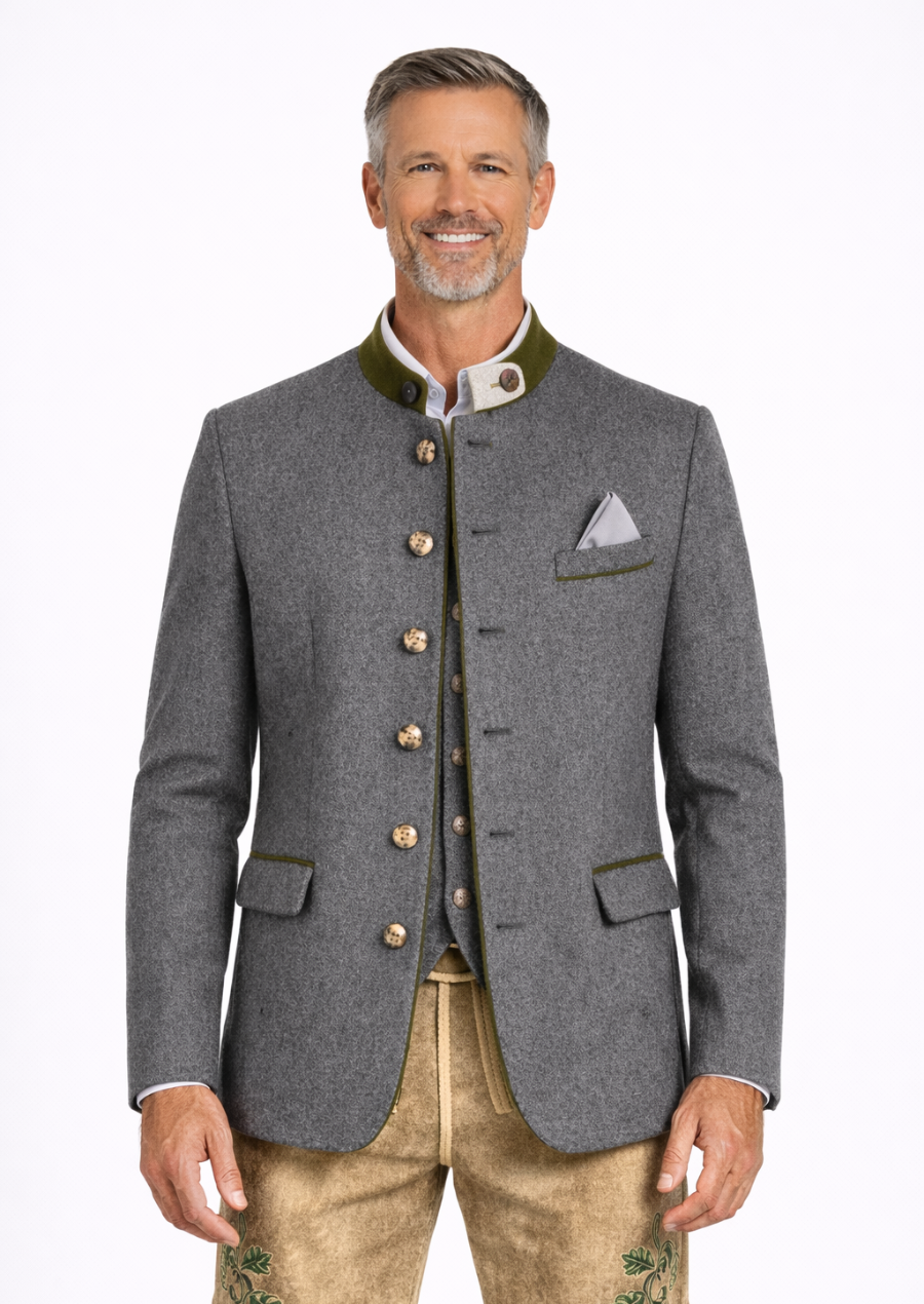 Grey wool trachten coat for wedding with traditional Bavarian style
