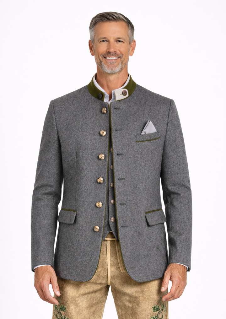Grey wool trachten coat for wedding with traditional Bavarian style