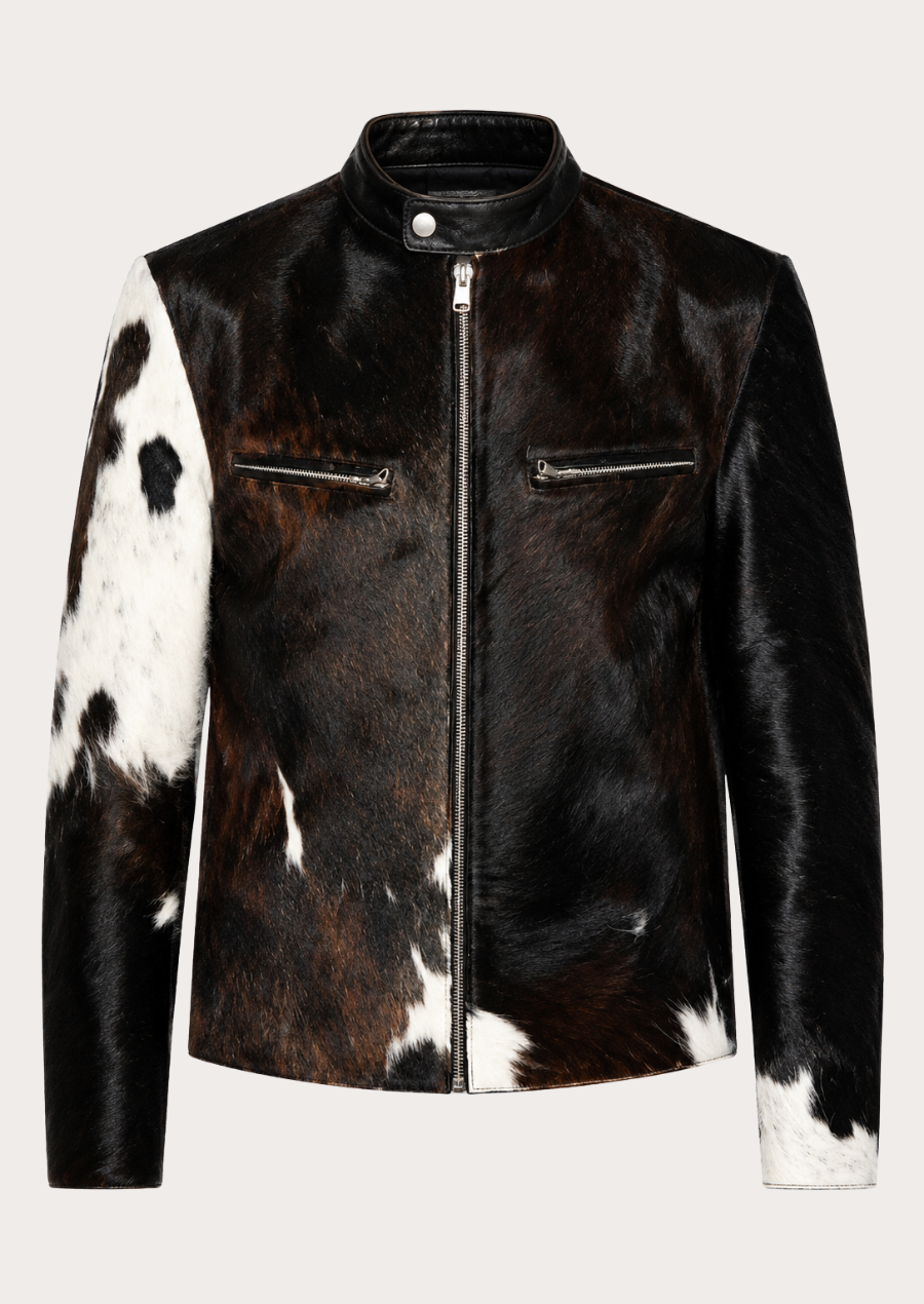 Genuine hair-on cowhide jacket with western cow print leather design