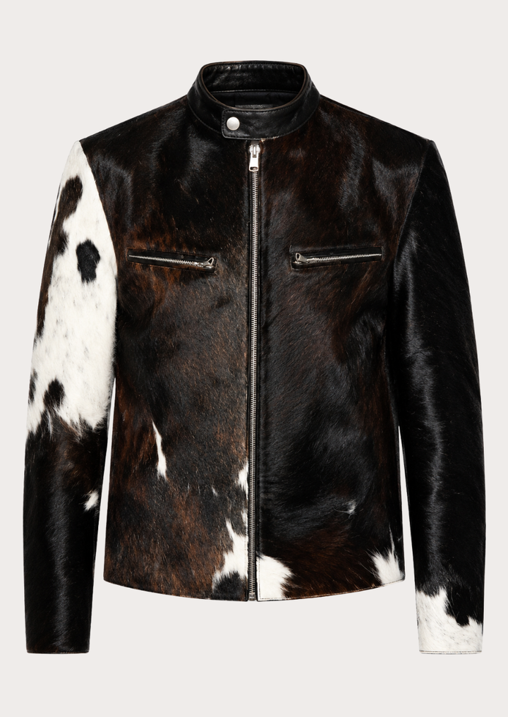 Genuine hair-on cowhide jacket with western cow print leather design
