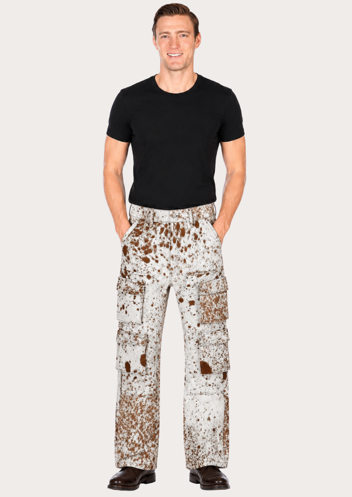 Hair-on cowhide leather cargo pants in a Western ranch style for men