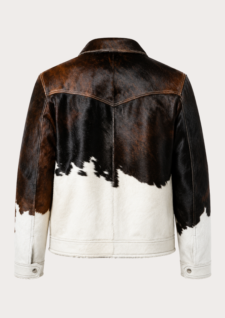 Premium hair-on cowhide leather trucker jacket for men with authentic craftsmanship