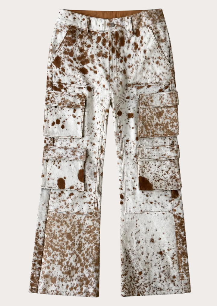 Cowhide leather cargo pants with natural texture and functional utility pockets