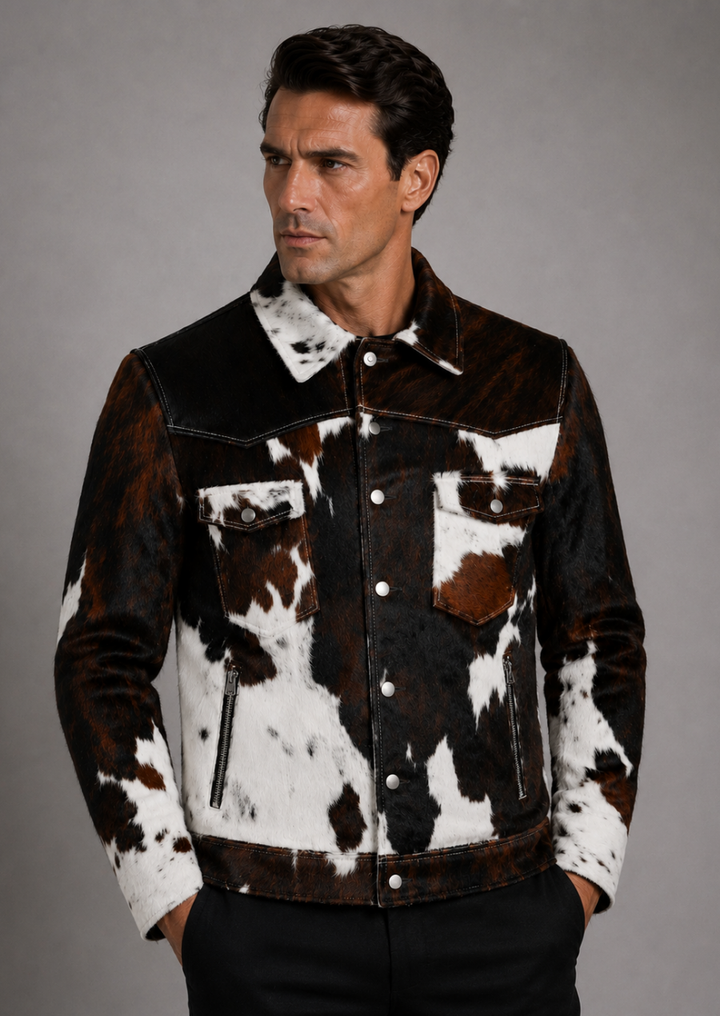 Premium pony skin coat with genuine cowhide pattern and fur texture