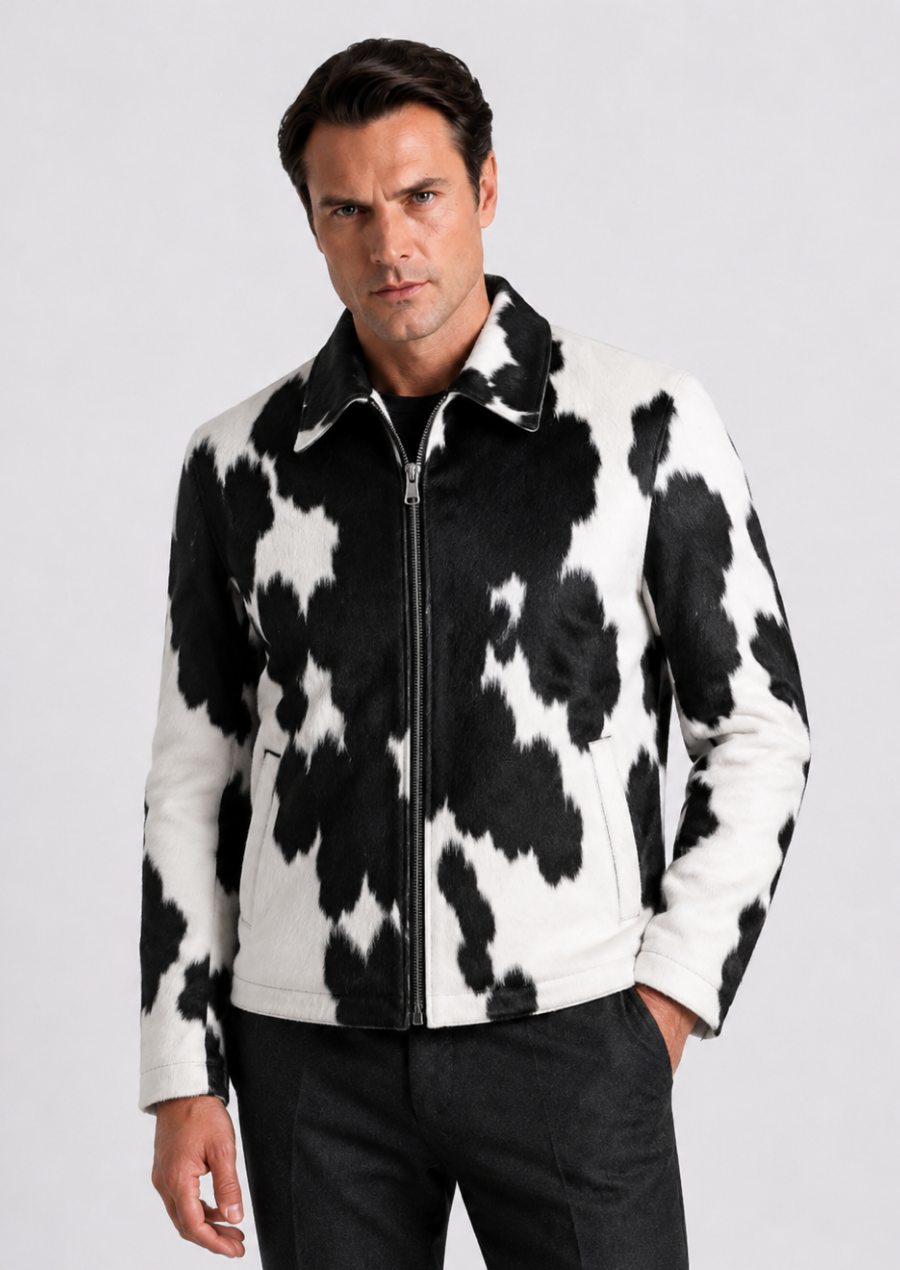 Hair on hide cowhide leather jacket with natural black and white markings