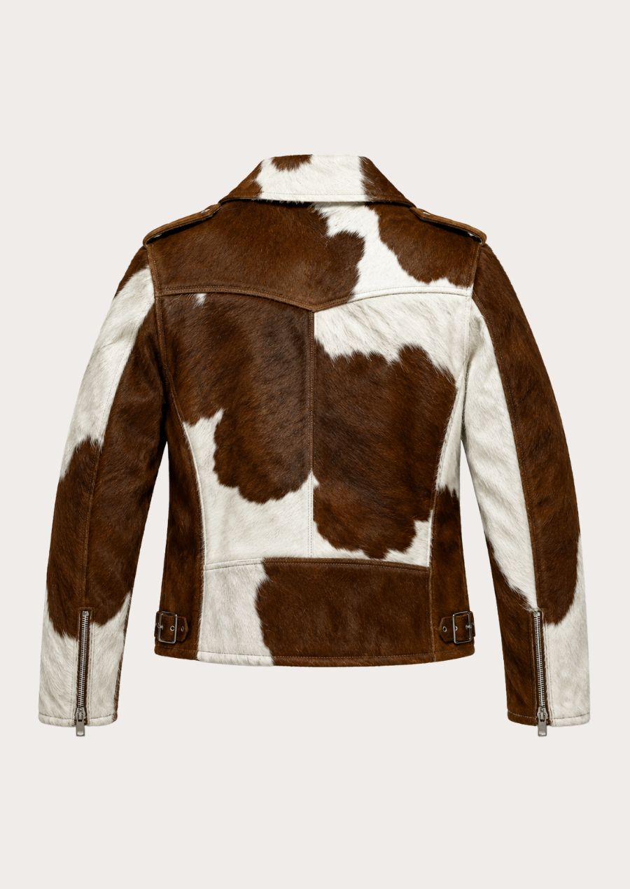Western-inspired cowhide leather biker jacket with adjustable waist belt and zippered pockets