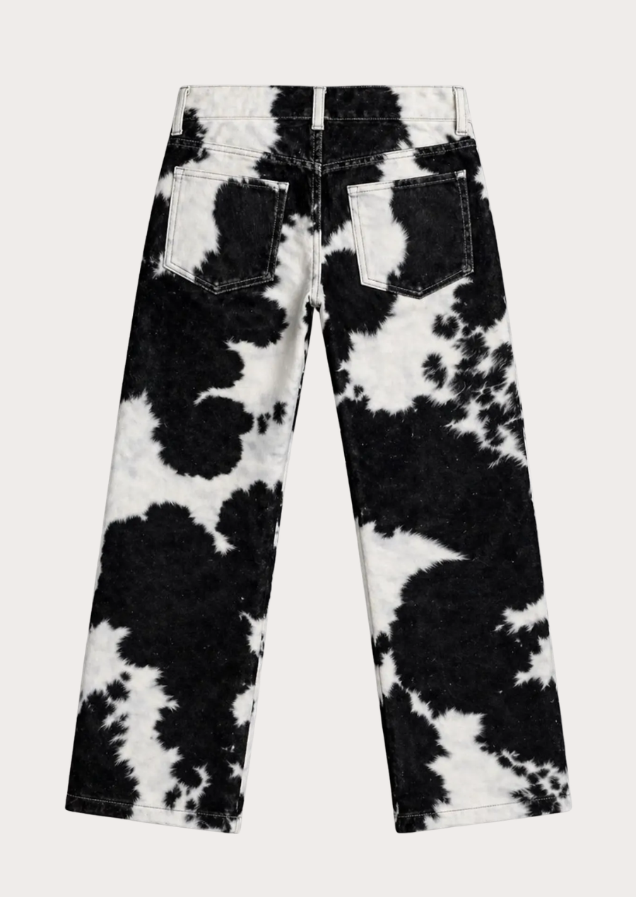 Men’s black and white cowhide pants combining rustic craftsmanship and standout style
