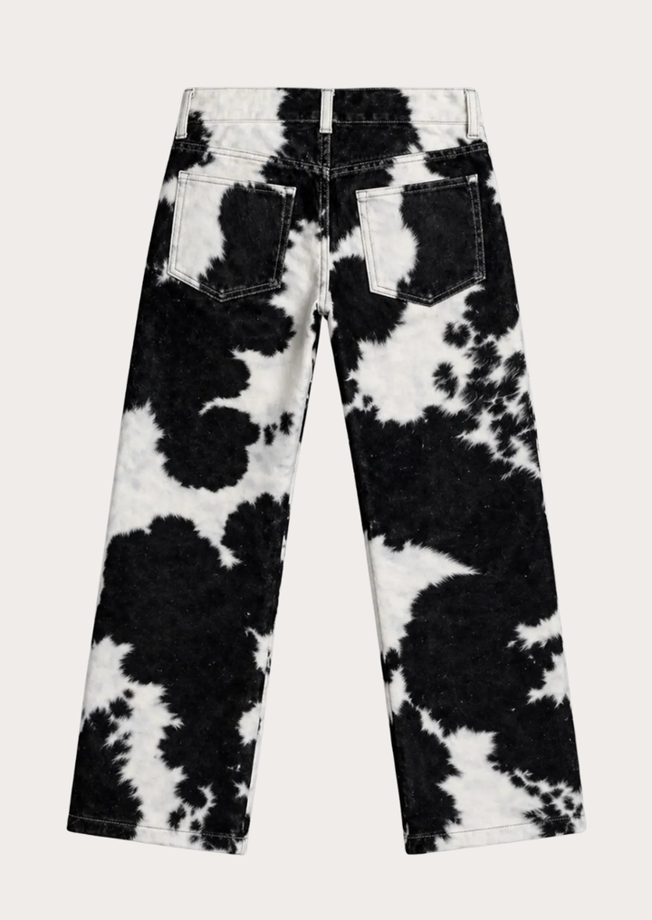 Men’s black and white cowhide pants combining rustic craftsmanship and standout style