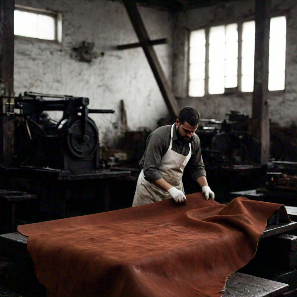 Artisan working on a leather hide in a workshop, showcasing the craftsmanship behind high-quality leather goods.