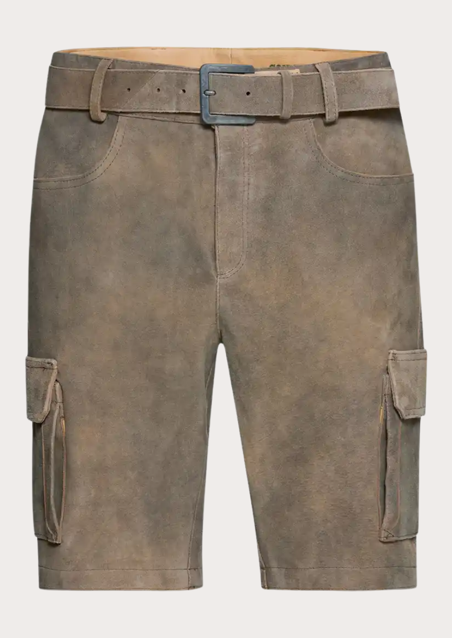 Handcrafted suede leather cargo Lederhosen for Oktoberfest with traditional Bavarian styling