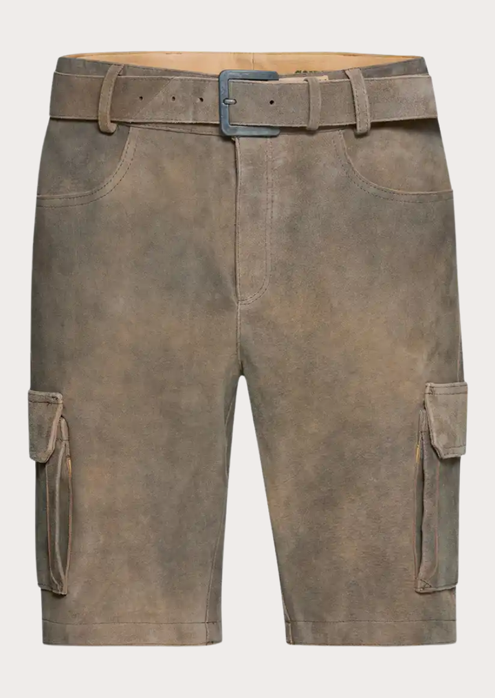 Handcrafted suede leather cargo Lederhosen for Oktoberfest with traditional Bavarian styling