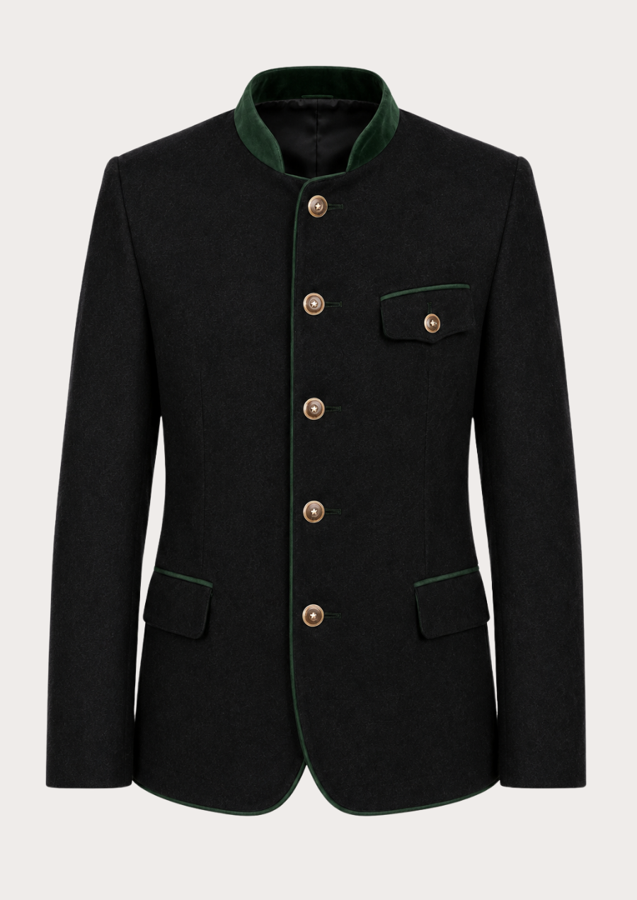 Premium black wool Bavarian jacket featuring classic Alpine craftsmanship