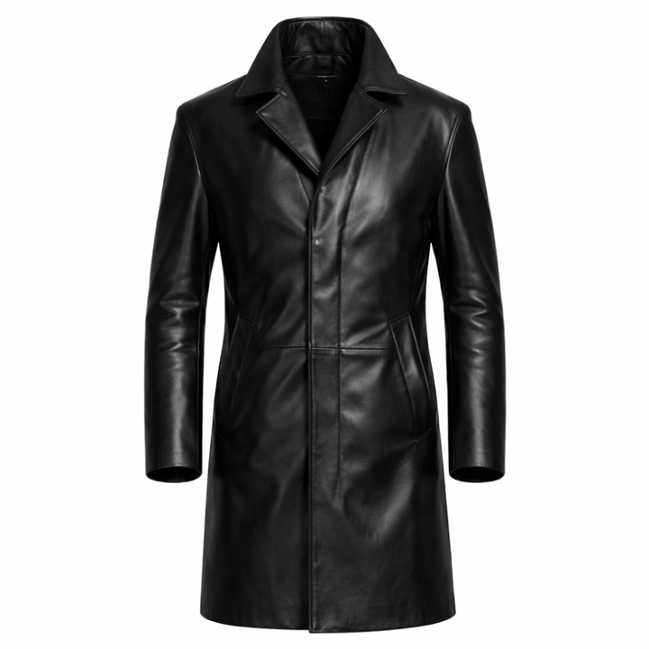 High-quality men’s black leather trench coat for everyday wear