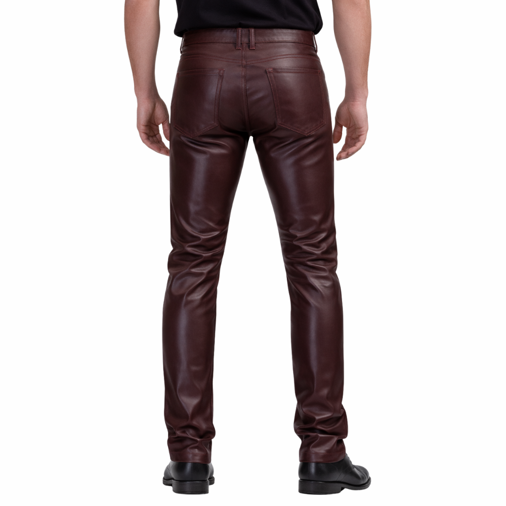 Men’s burgundy leather pants made from premium quality leather