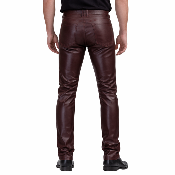 Men’s burgundy leather pants made from premium quality leather