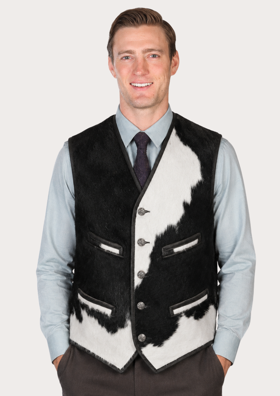 Men's Holstein cowhide leather vest crafted from genuine hair-on-hide cowhide leather