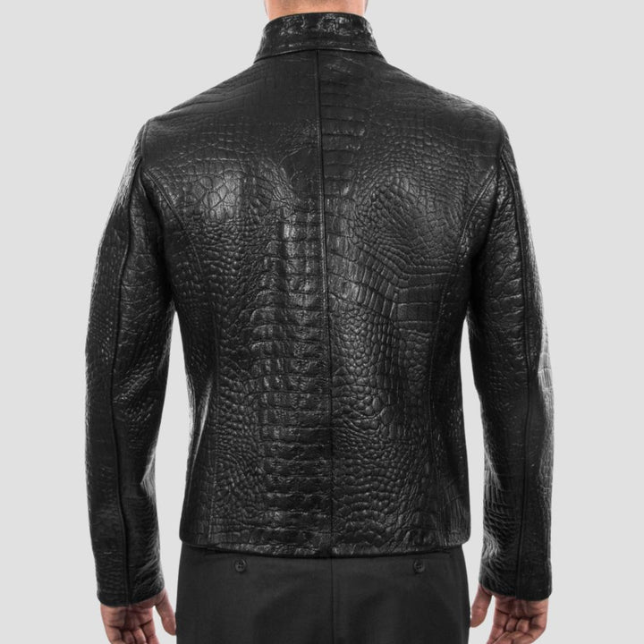 Men’s black leather jacket with crocodile embossed texture.