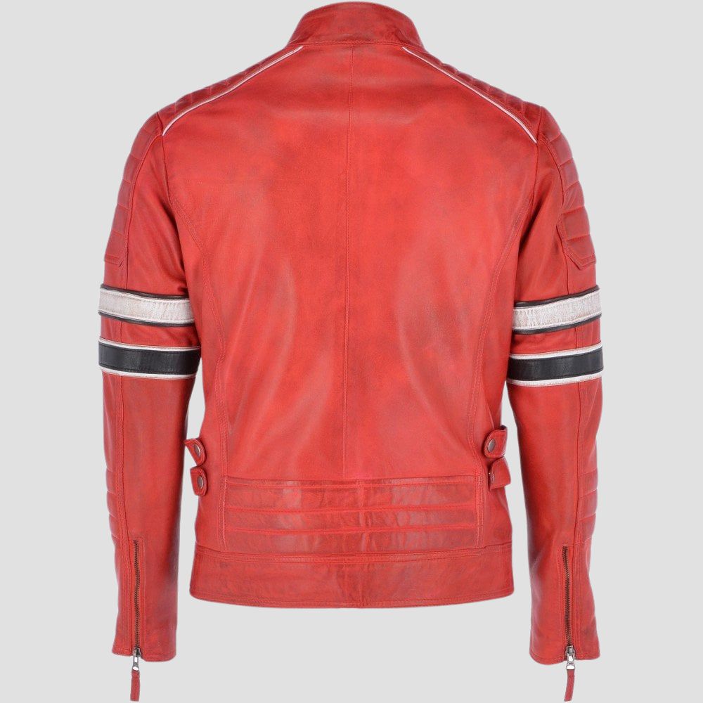 Men’s bold red leather jacket featuring a distressed, rugged finish.